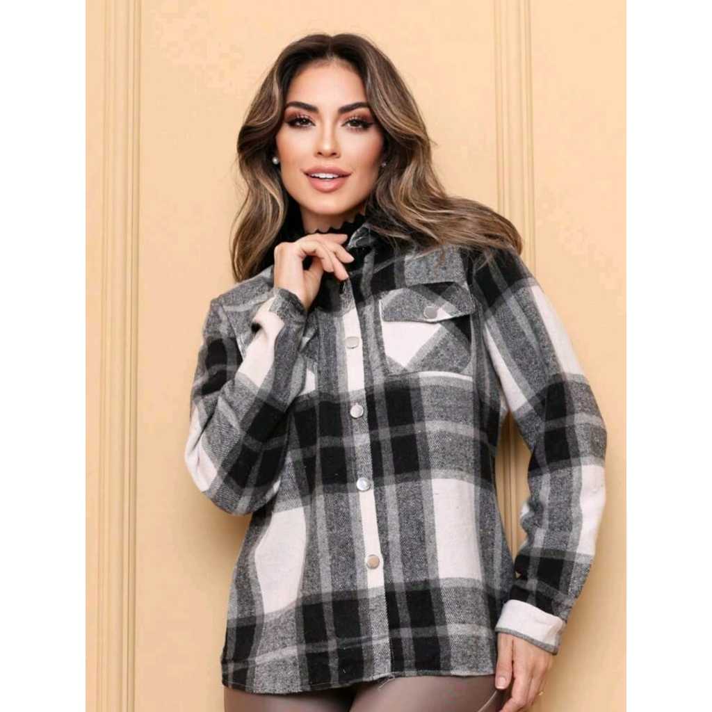 Blusa Camisa Feminina Flanelada Estampa Xadrez Quadriculada Manga Longa Moda Inverno em Oferta na Shopee
