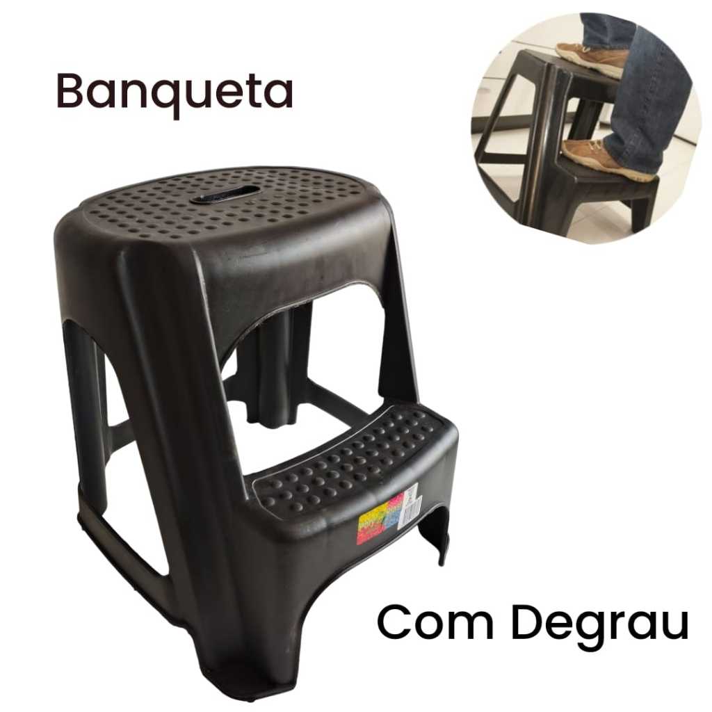 Banco Banqueta Escada de Plástico Multiuso Preto - Poly Plast