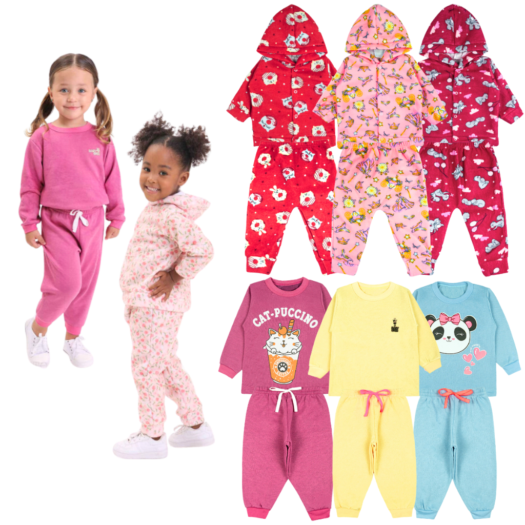 Kit 12 Peças Conjunto Inverno Para Bebê Misto Moletom e Soft Calça e Casaco (3 Conjuntos Moletom + 3 Conjuntos Soft)