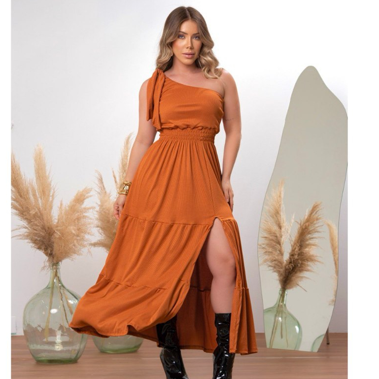 Vestido Adulto Ombro Só  Detalhe Latex Babado  Longo em Oferta na Shopee