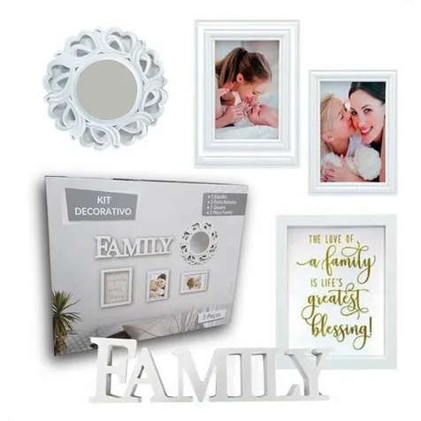 KIT DECORATIVO CONTENDO  5 PECAS, 1 ESPELHO REDONDO 25.5CM, 2 PORTA RETRATOS, 1 QUADRO COM LINDAS MSG  FAMILY E1PLACA