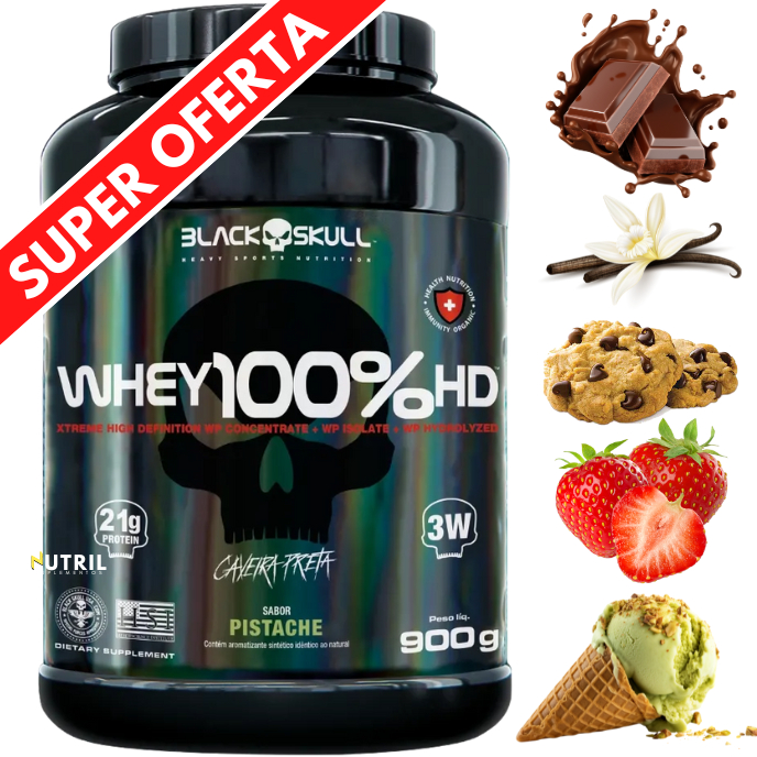 Whey Protein 100% HD Pure BLACK SKULL - Pote 900g ( Isolado - Hidrolisado - Concentrado )