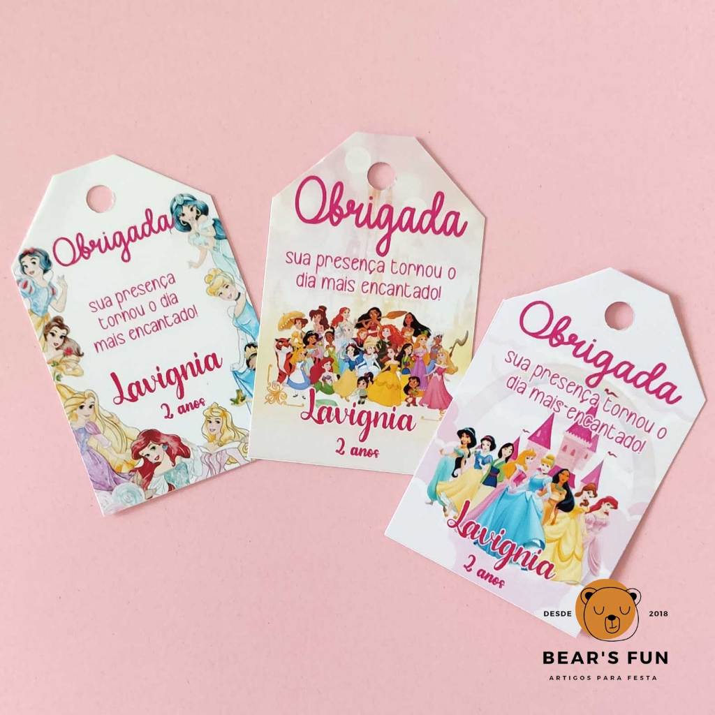 TAG Lembrancinha Princesas Disney • Cartão Agradecimento com Nome e Idade • Festa•Aniversário•Personalizado