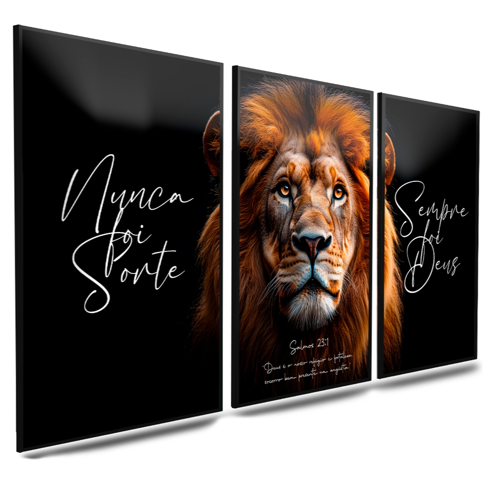 Quadro decorativo rosto Leão da tribo de Judá frase " Nunca foi sorte, sempre foi Deus."