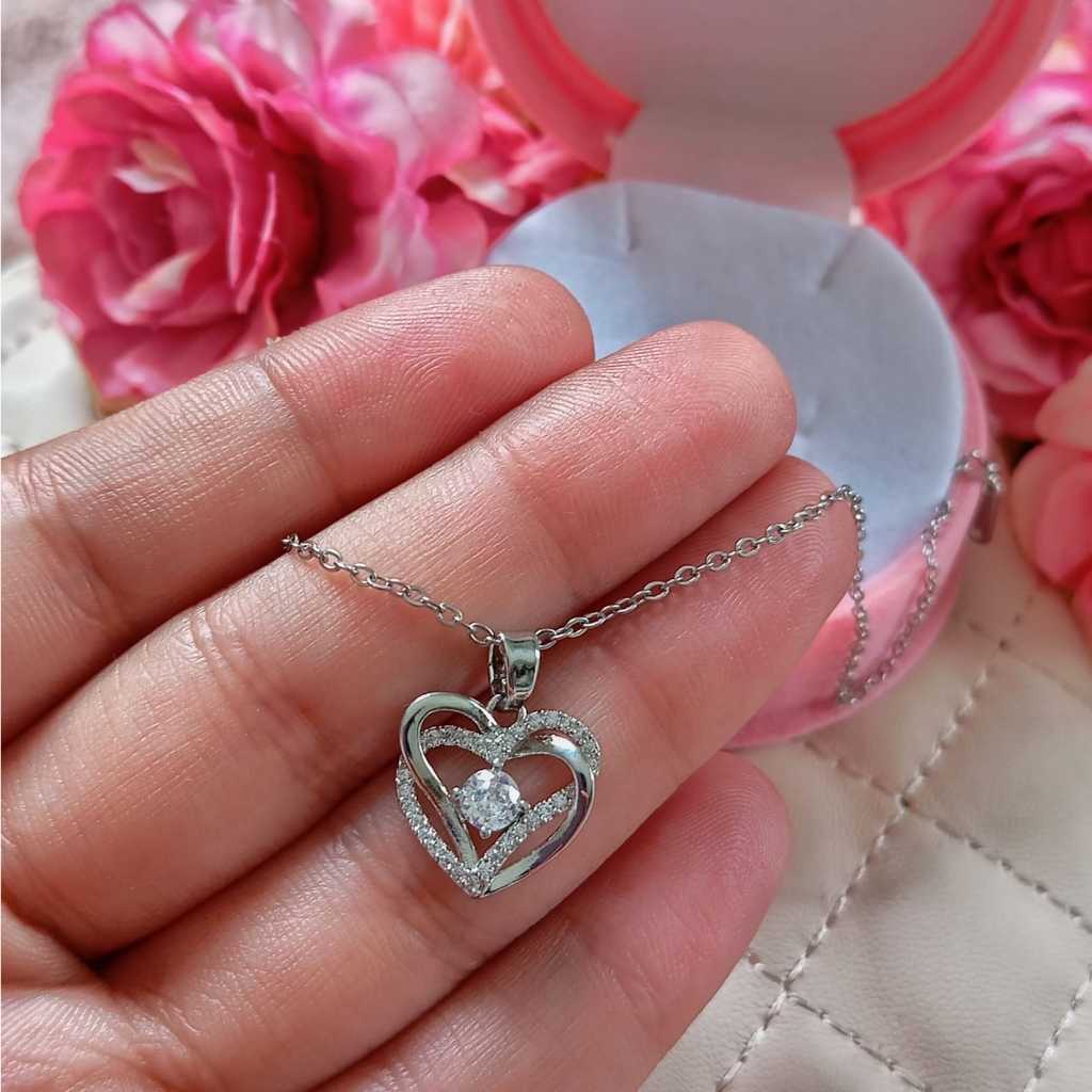 Corrente Feminina Com Pingente Cravejado Coração Aço Inoxidável 316L Colar Garantia Permanente 45cm