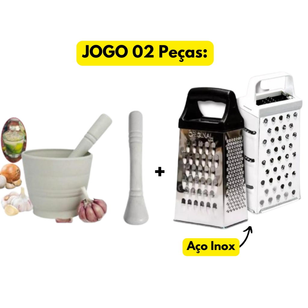 Jogo Kit 02 Peças Pilão Socador Plástico Branco +Ralador Inox Grande 04 Lados Aço Inox Original Line