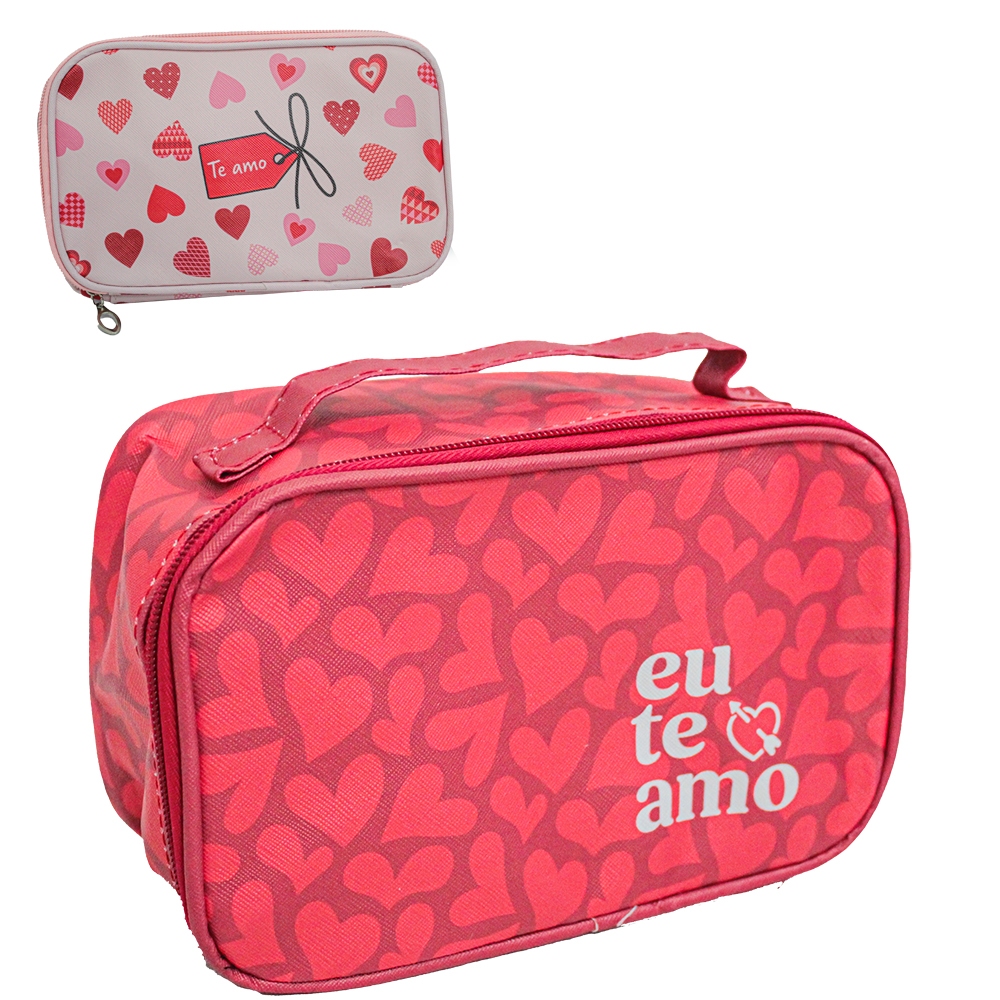 Necessaire Eu Te amo de PVC Retangular Feminina - Corações com Alça e Zíper