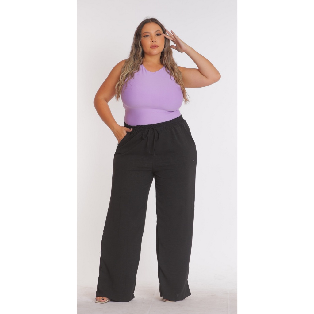 calça feminina pantalona plus size duna premium com elastico e bolso confortavel