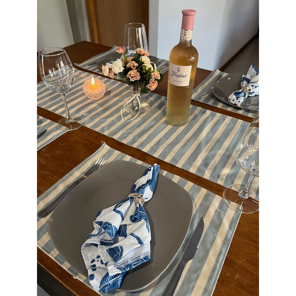 Kit Jogo Americano 2 em 1 Dupla Face Tecido Linho Premium Mesa Posta Listrado Azul em Oferta na Shopee