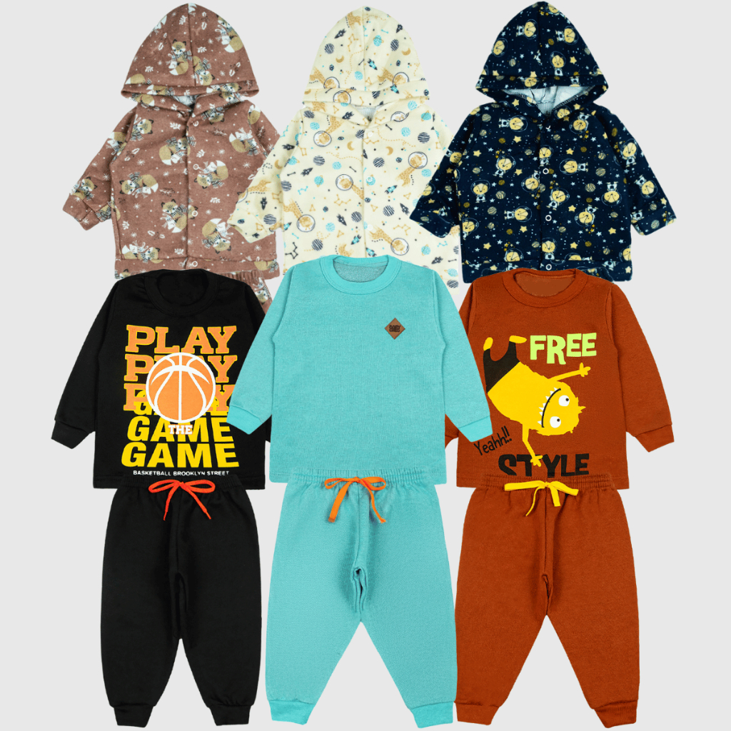 Kit 12 Peças Conjunto Inverno Misto Soft e Moletom Casaco e Calça (3 Conjunto Moletom + 3 Conjunto Soft)
