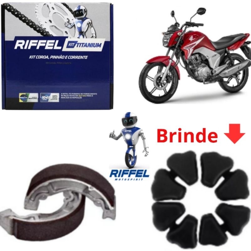Kit Relação/Tração/Transmissão Original RIFFEL TITAN 150 2004 a 2015 FAN 150 2009 a 2015+Patins De Freio+Coxim Da Coroa