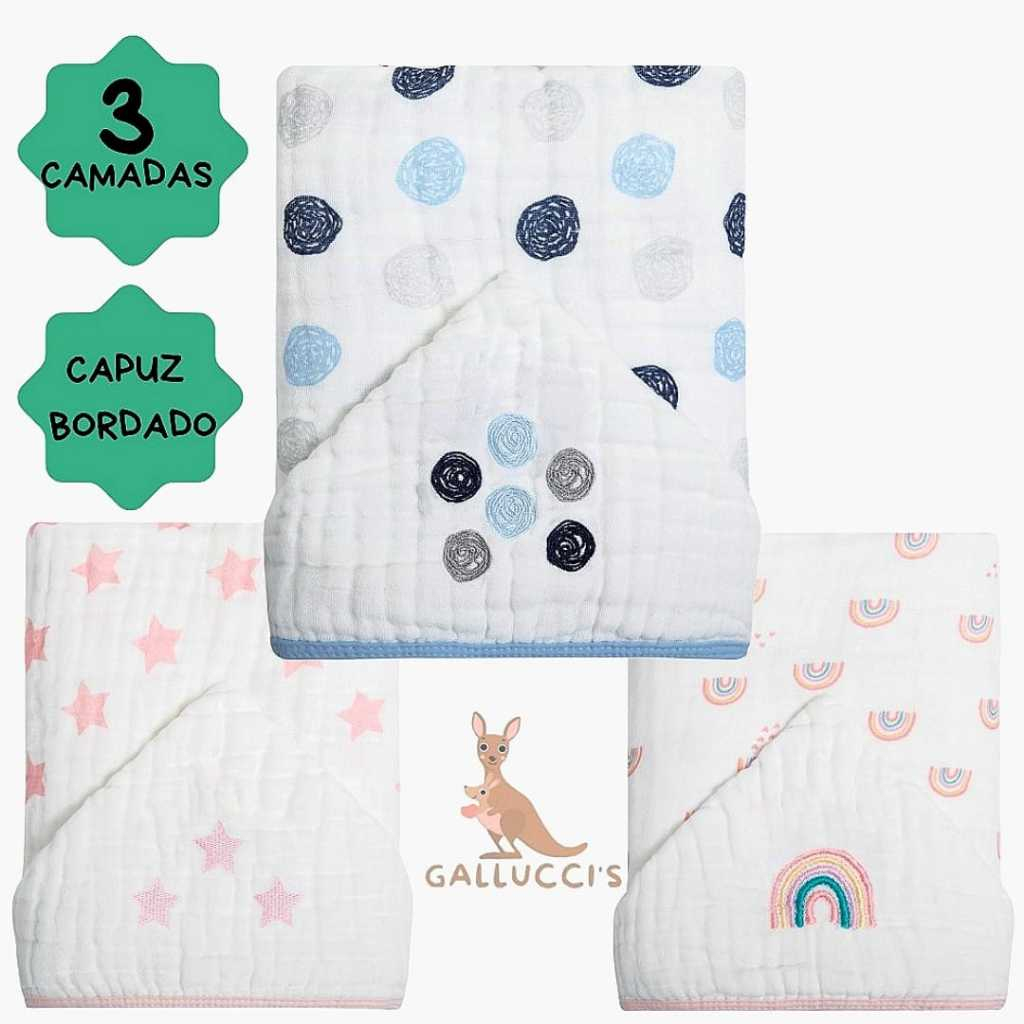 Toalha de Banho Bebê Soft Com Capuz Bordado 3 Camadas 90x75cm Em Tecido Fralda