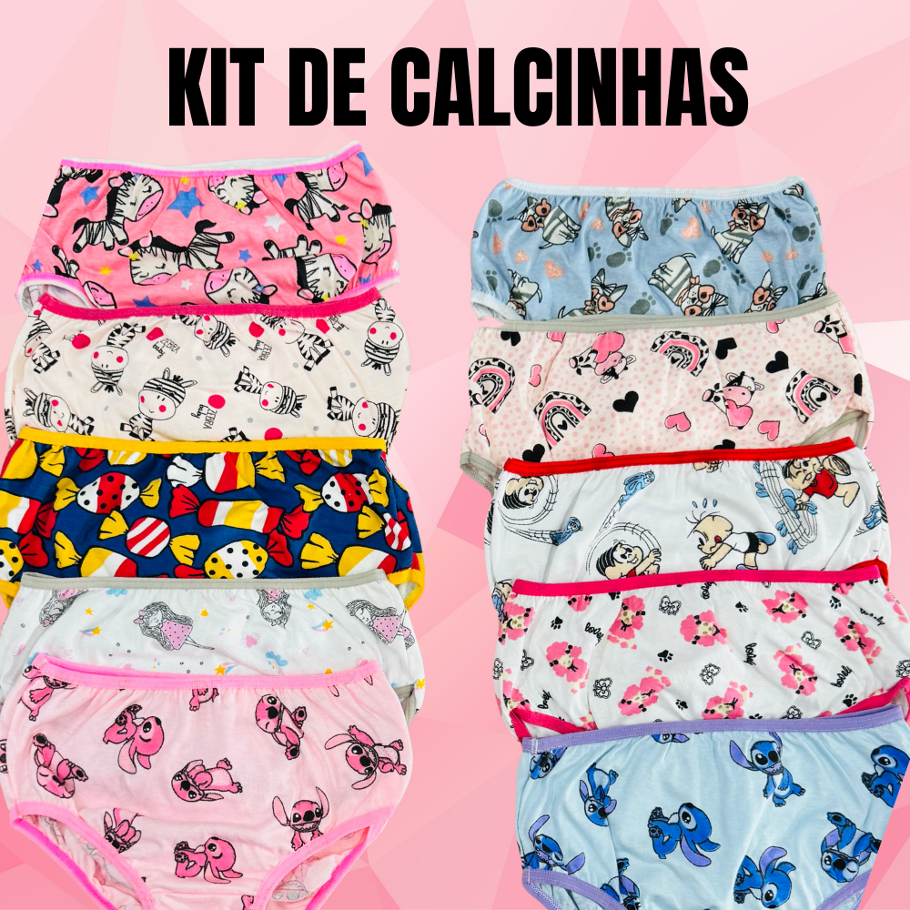 kit 10 calcinha 100% algodão infantil menina estampada confortável sortidas criança