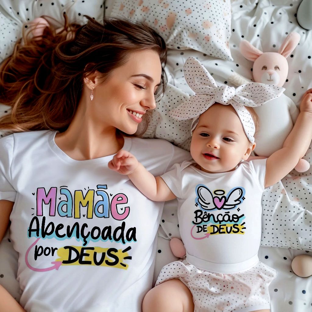 kit blusa camiseta mãe e filha, tshirt mamãe e filho dia das mães presente ensaio BENÇÃO D...