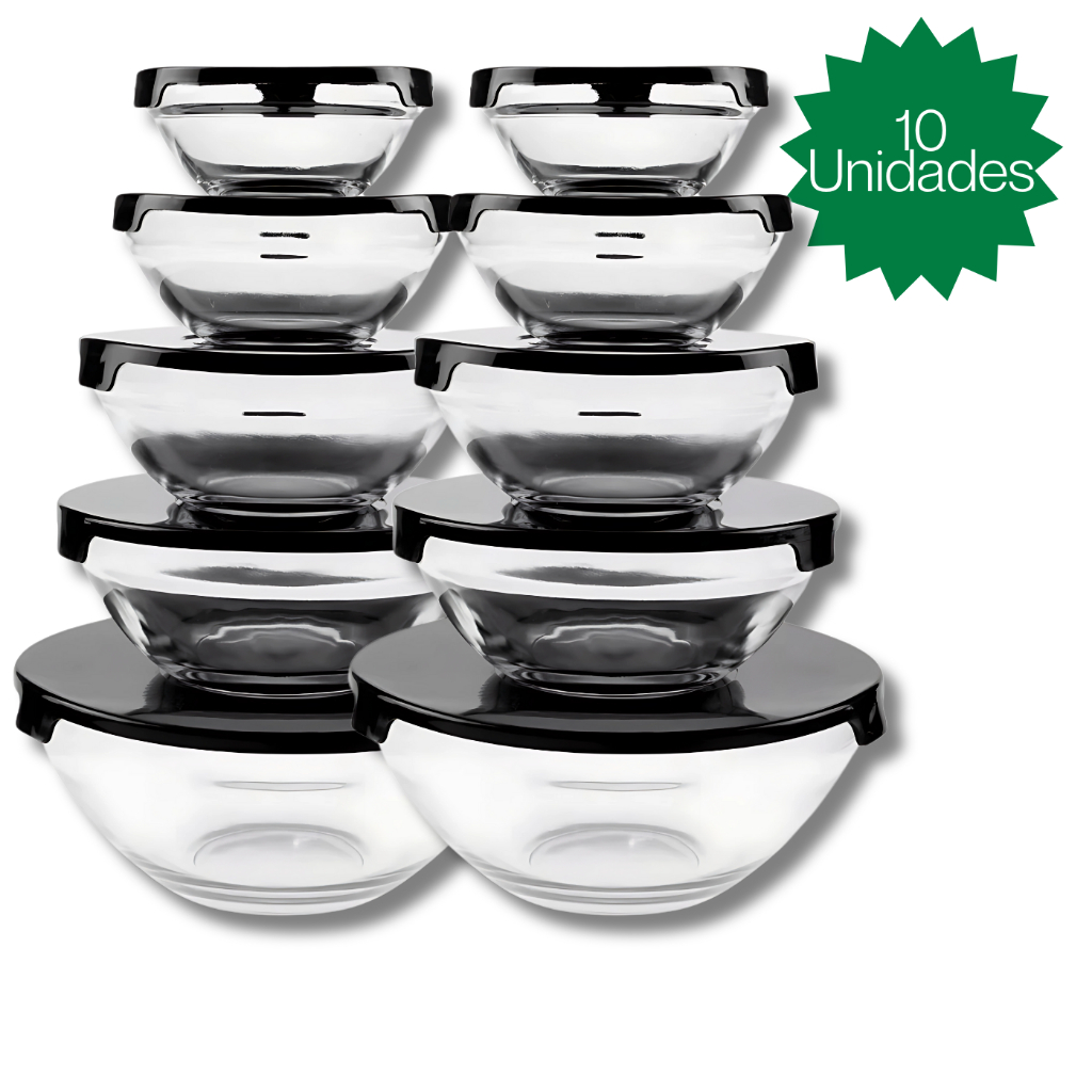 Conjunto 10 Potes Tigela Vidro Bowl Marmita Tampa Cozinha Geladeira