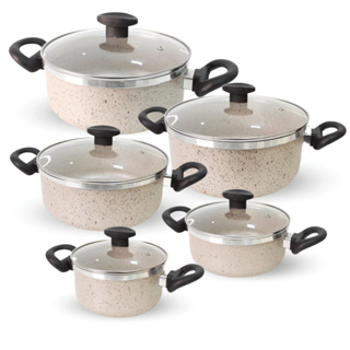 Jogo de Panelas Antiaderentes 5 Peças Grossas 3mm Cor Baunilha Cinza e Vermelha em Oferta na Shopee