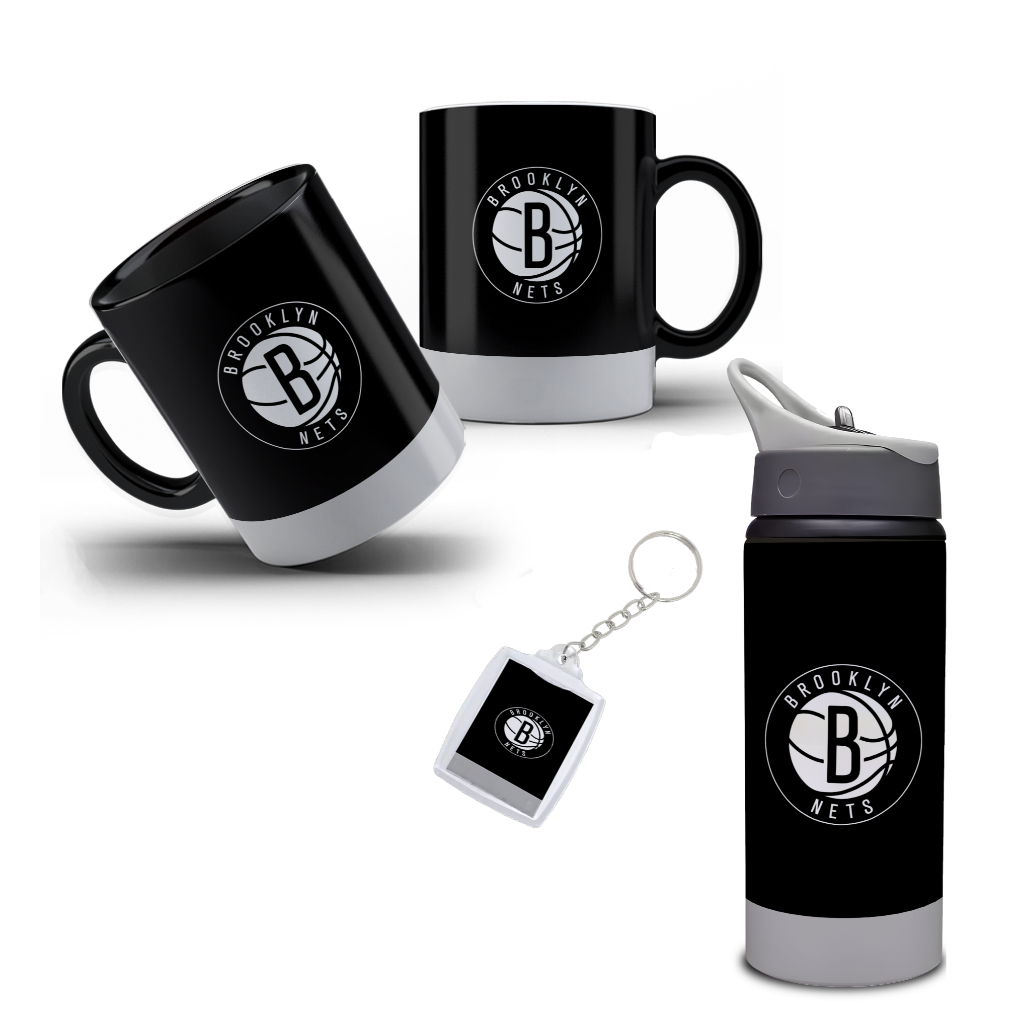 Kit Brooklyn Nets Garrafa com Caneca e Chaveiro NBA