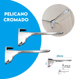 2 Suporte Pelicano Cromado Para Prateleira Vidro Madeira Par em Oferta na Shopee