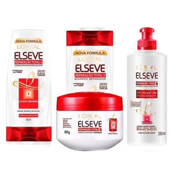 Kit Elseve Reparação Total 5 ( Sh + Cond 400ml + Creme de Pentear 250ml + Creme Tratamento 300g ) - Envio Rápido em Oferta na Shopee