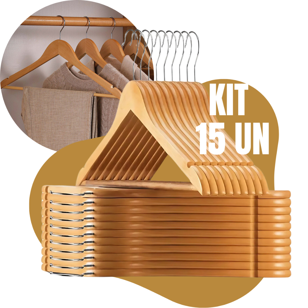 Kit 15 Cabide De Madeira Marfim Para Roupas Calça Gancho Cromado