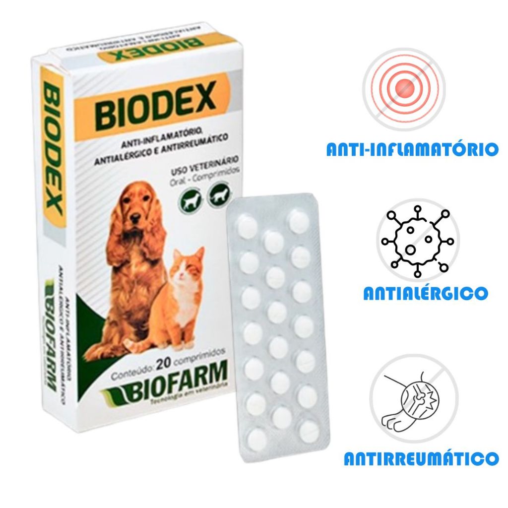 Biodex 20 cp Remédio Coceira Cachorro e Gatos Antialérgico Cachorro Anti inflamatório Antirreumático