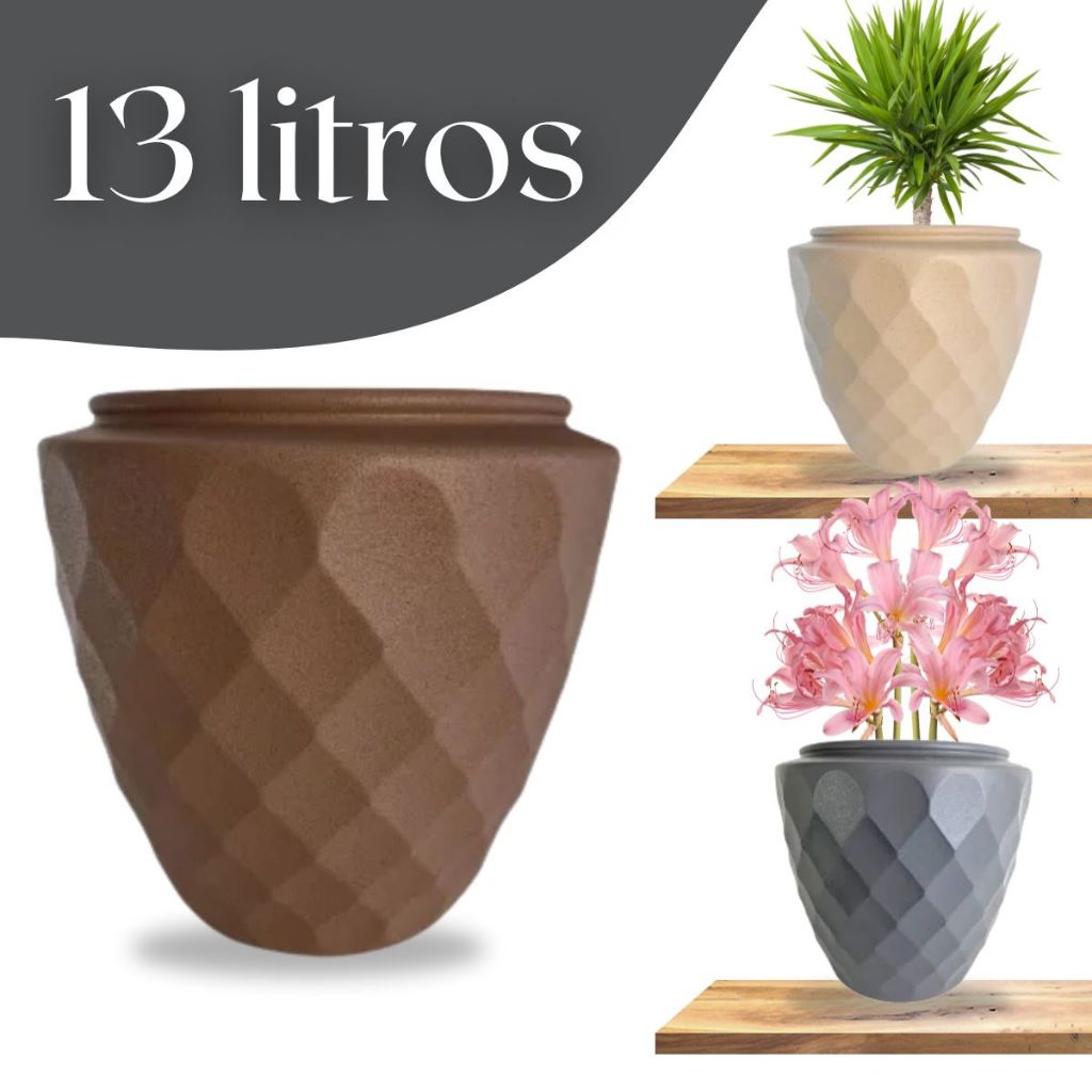 Vaso Plástico de Planta Detalhado Diamante 28cm 13 Litros - Cachepot Pote de Jardim Chão - Plástico Resistente Floreira