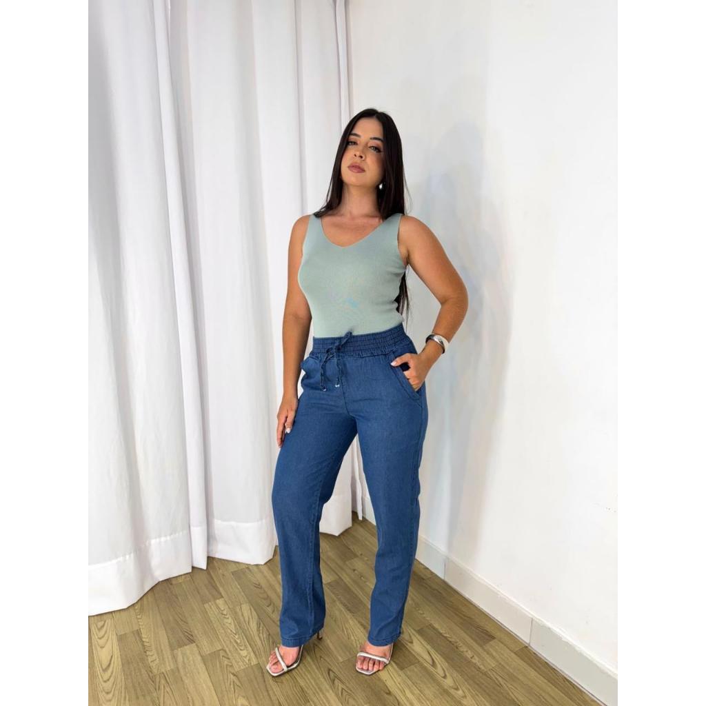 Calça Jeans Feminina tecido leve com elástico e cordão no cós