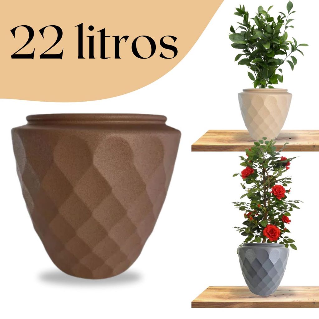 Vaso Plástico de Planta Detalhado Diamante 33cm 22 Litros - Cachepot Pote de Jardim Chão - Plástico Resistente Floreira