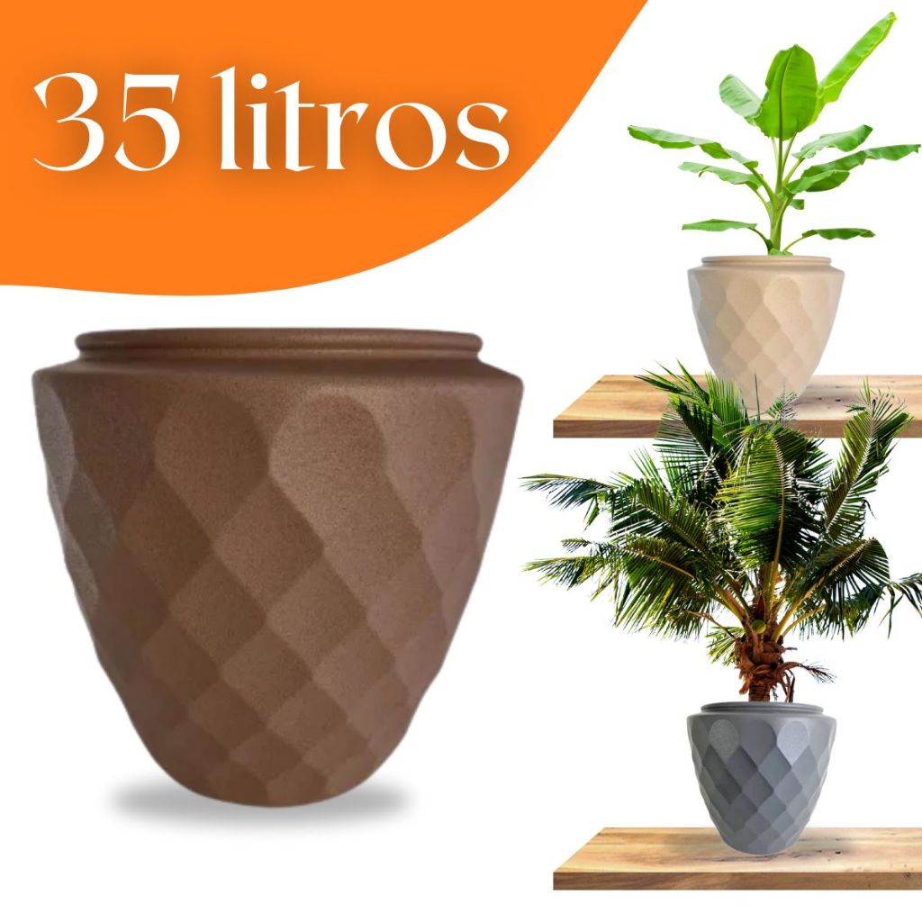 Vaso Plástico de Planta Detalhado Diamante 38cm 35 Litros - Cachepot Pote de Jardim Chão - Plástico Resistente Floreira