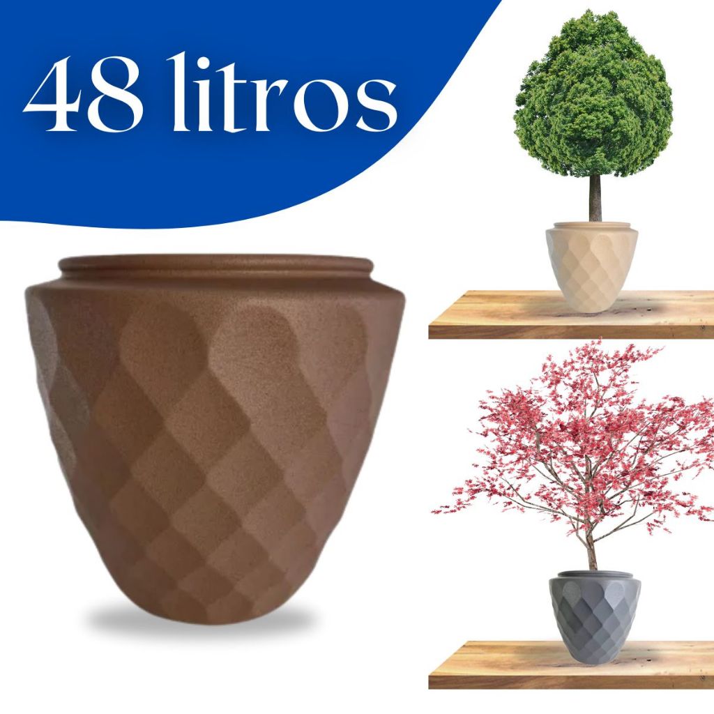 Vaso Plástico de Planta Detalhado Diamante 42cm 48 Litros - Cachepot Pote de Jardim Chão - Plástico Resistente Floreira