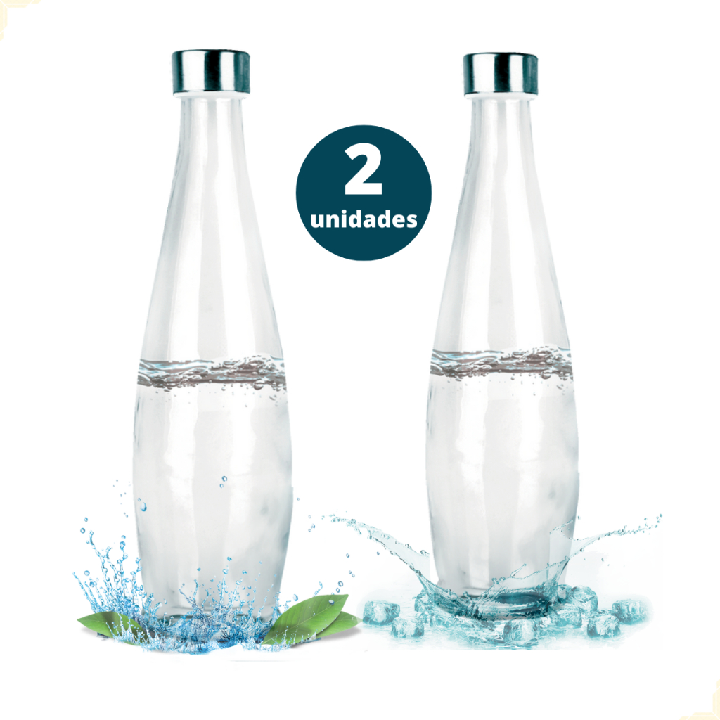 Kit 2 Garrafas de Vidro Transparente 1 Litro com Tampa Inox Água Suco Chá Geladeira Hérmet...