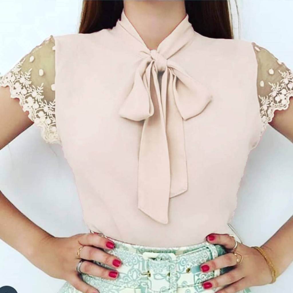 Blusa Camisa Bege Off White Creme Marfim Areia Manga Curta Renda Social Evangelica Laço Gravata Congrasso Fardamento