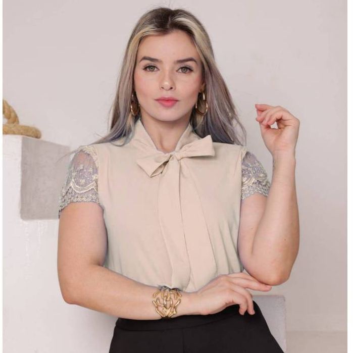 Blusa Camisa Bege Off White Creme Manga Curta Renda Social Moda Evangelica Laço Gravata Igreja Congrasso Fardamento