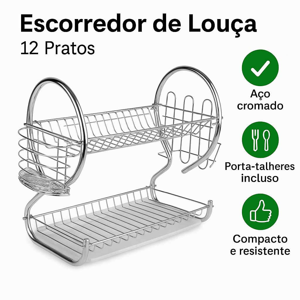Escorredor de Louça Aço Cromado 2 Andares com Porta-Talheres – 12 Pratos