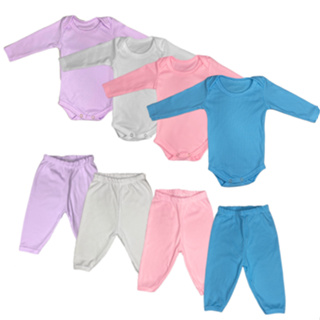 kit 4 peças body e mijão para bebe infantil menina e menino canelado em Oferta na Shopee