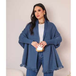 Capa Poncho Casual em Tricot Feminino com Franjas Manga Longa Inverno