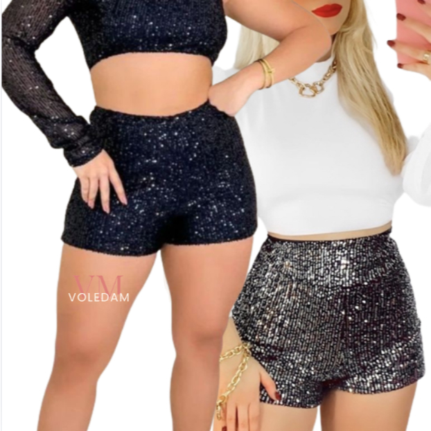 Short Feminino Paetê Brilho Curto Moda Balada Luxo Festa Promoção