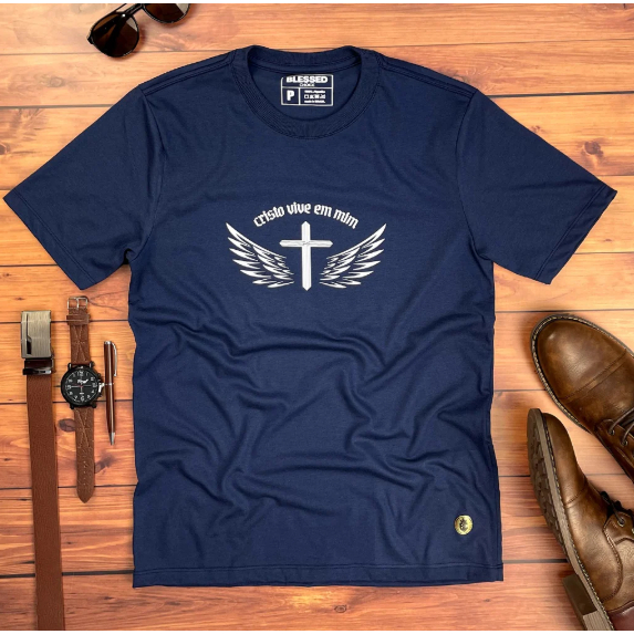 Camisetas Masculina Estampada Cruz Cristo Vive Em Mim Verão Tecido Premium 100% Algodão