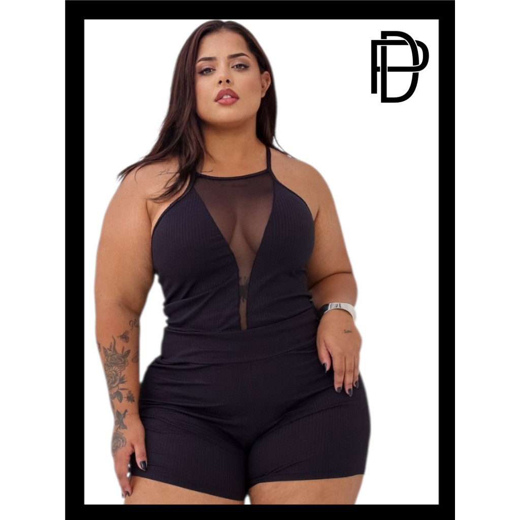 DRAPA PLUS - CONJUNTO PLUS SIZE CROPPED DECOTE TULE E SHORT
