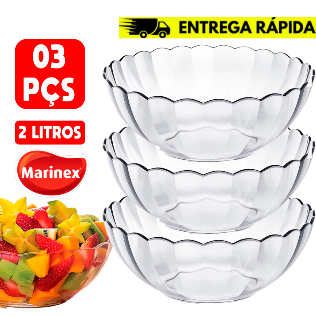 Kit Conjunto 03 Tigela Marinex Bella Média Funda 2L Nadir tigela de vidro Resistente Pote Saladeira