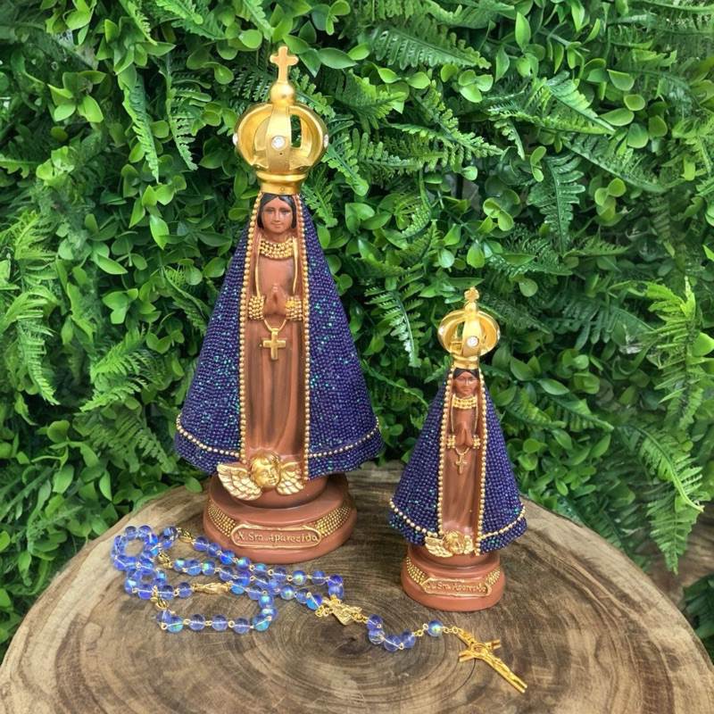 Imagem Nossa Senhora Aparecida Marrom com Brilho Azul Resina Importada Resistente ao Sol e Chuva