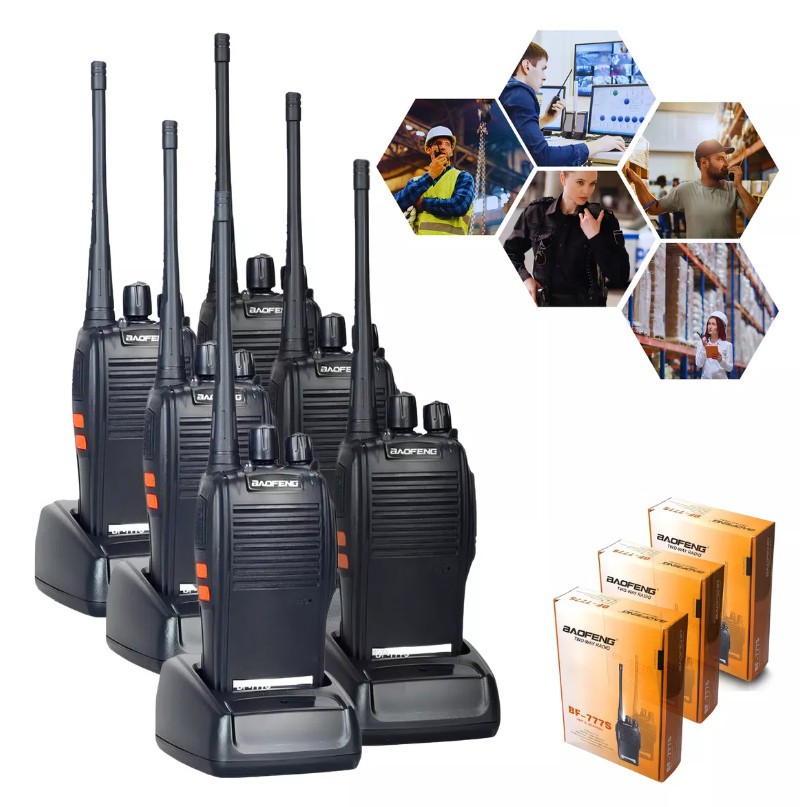 Kit até 06 Rádio Comunicador Walk Talk Baofeng 777s 16 Canais Alcance 12Km Profissional Recarregável
