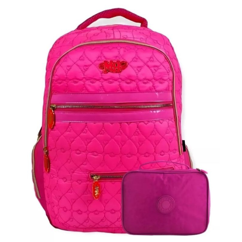 Mochila Escolar Resistente Feminina Grande P/ Notebook+estojo E PomPom M4262