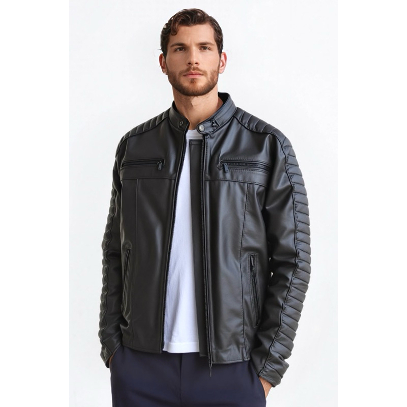 Jaqueta de Couro Legítimo Vintage Vibe para Motociclista com Proteções Acolchoadas - Preto e Marrom