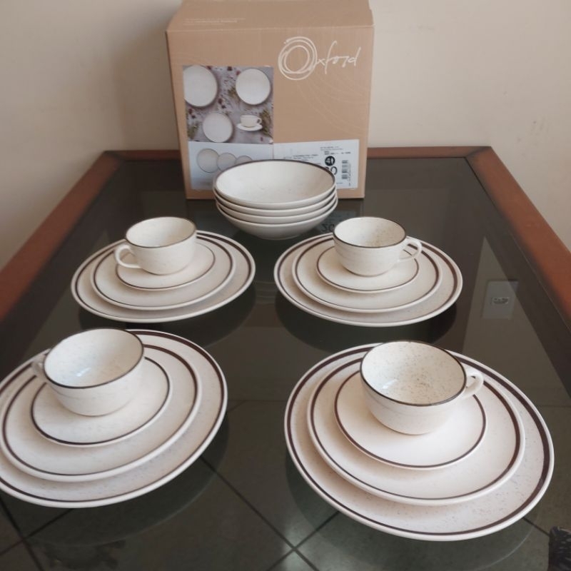 Aparelho de Jantar e Chá 20 Peças Oxford de Cerâmica Bege e Marrom Redondo Unni Brisa