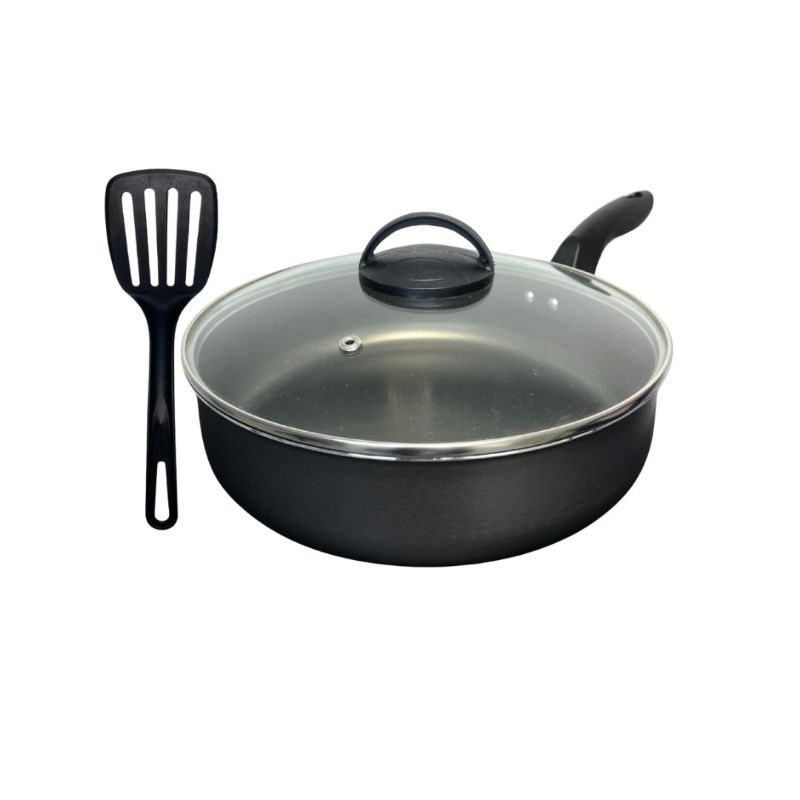 Imagem Frigideira  Alta Funda 18 Antiaderente Teflon Tampa de Vidro Espátula Borda Premium