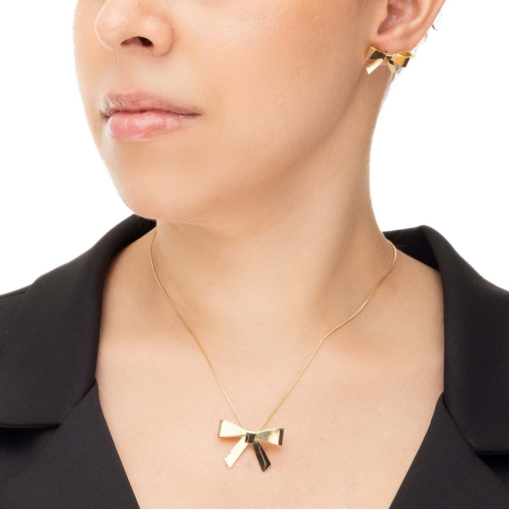 Brinco e Colar Laço Dourado, Semijoia, Ouro 18K