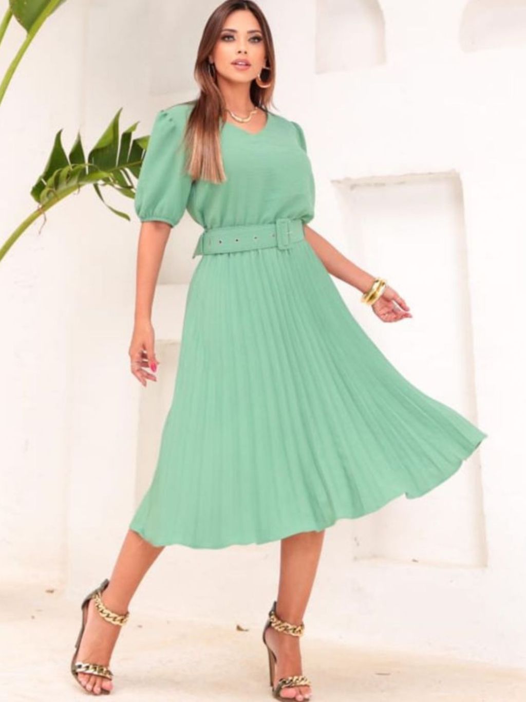 Vestido Feminina Plissada Moda Evangélica com Cinto em Oferta na Shopee