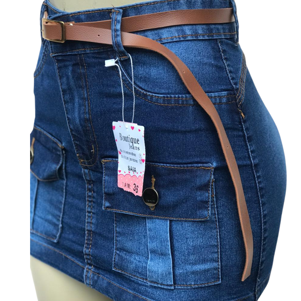 Saia CARGO Jeans feminina com cinto bolso frontal com lycra cintura alta levanta bumbum cos alto em Oferta na Shopee