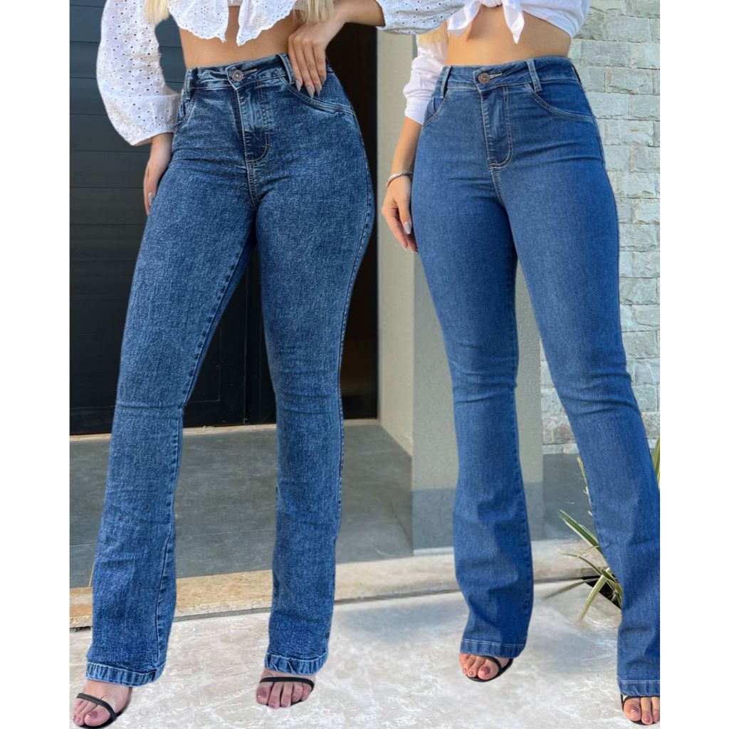 kit 2 calças jeans  flare com elastano feminina pantalona cintura alta modeladora em Oferta na Shopee